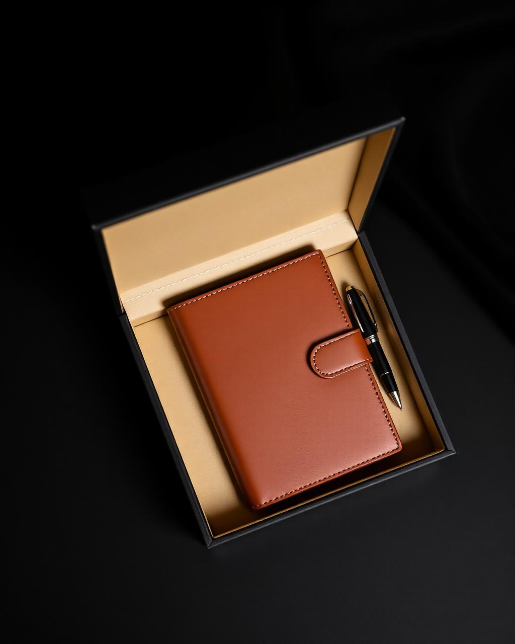 Caderneta em couro · Embalagem black box
